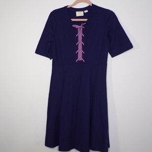 Anthro Maeve Navy Blue Dress with Purple Lace Up